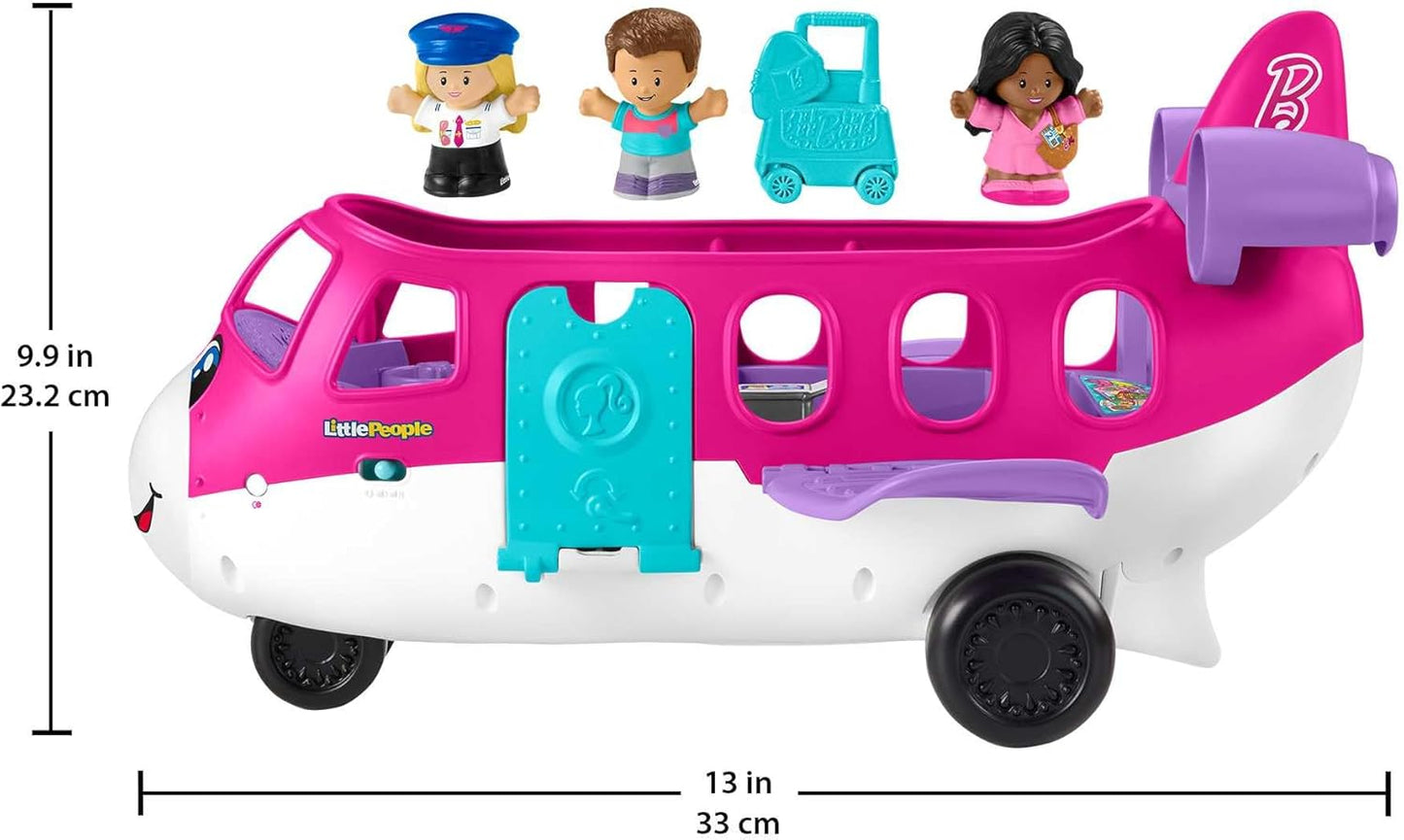 Fisher-Price Avião de brinquedo Barbie Little People para crianças com luzes, música e escadas dobráveis, Little Dream Plane, 4 peças de brincar, versão em vários idiomas, HRC38