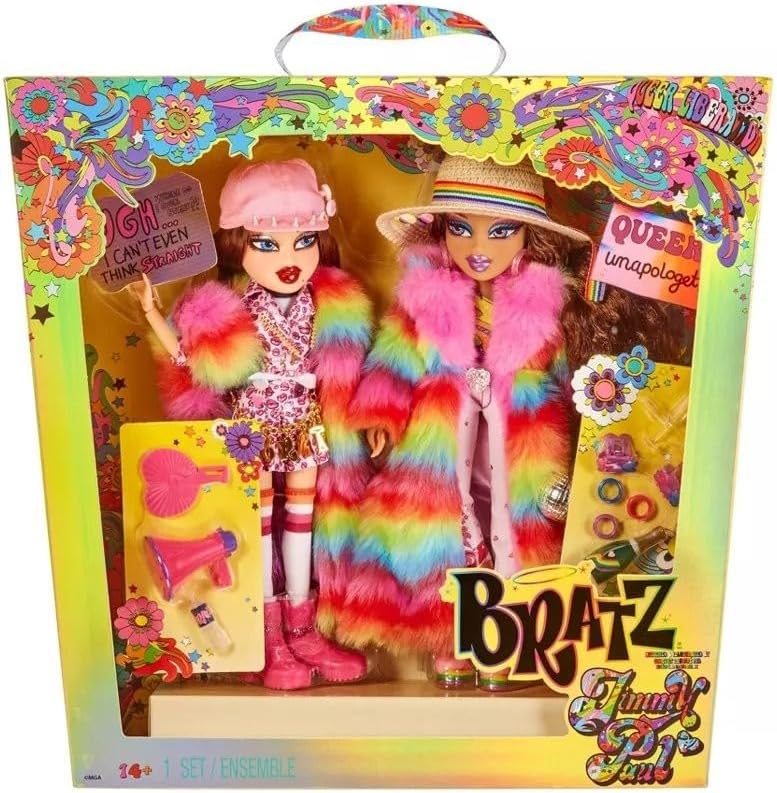 Muñecas de diseño de edición especial del Mes del Orgullo Bratz de Jimmy Paul - ROXXI y NEVRA - 2 muñecas de moda, trajes, carteles, accesorios, soportes para muñecas y más - Totalmente articulables - Coleccionables para niños de 3 años en adelante