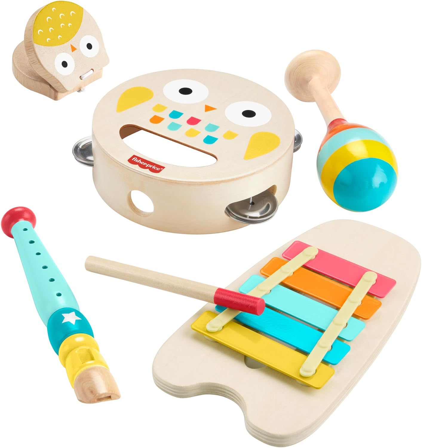 Fisher-Price Set de regalo de instrumentos musicales de madera para niños con 6 piezas de madera para juegos de desarrollo para niños a partir de 2 años, HXT90