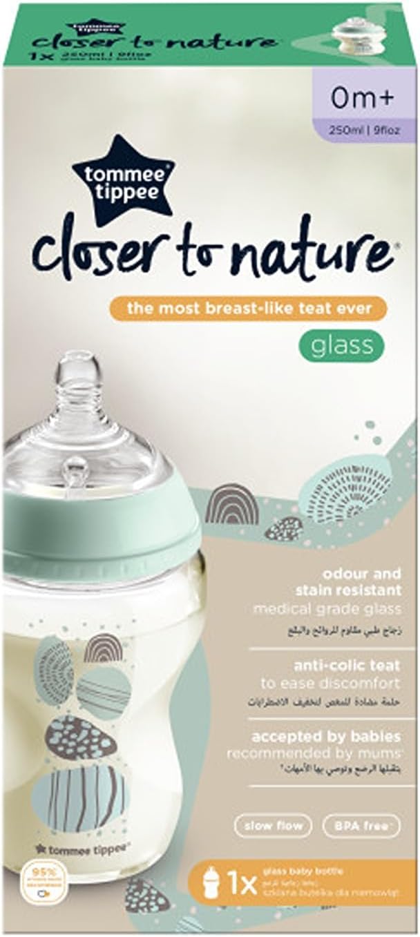 Tommee Tippee Closer to Nature Biberón de Vidrio, Tetina de Flujo Lento con Válvula anticólicos, 250 ml, Paquete de 1, Panda Azul