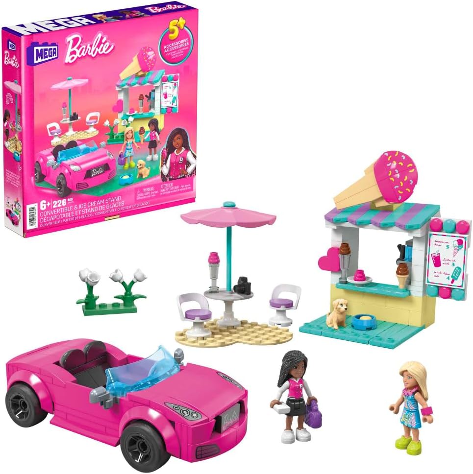 MEGA Barbie Car Building Toys Playset, Conversível e Suporte para Sorvete com 225 Peças, 2 Micro-Bonecas e Acessórios, Rosa, Ideias para Presentes para Crianças, HPN78