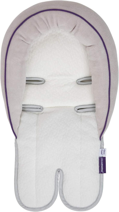 ClevaMama Cojín para Silla de Coche, Soporte para Cabeza y Cuello para Bebés y Niños en ClevaFoam, Forro para Cochecito y Mecedora (+0 meses) - Gris/Morado, 27x50 cm