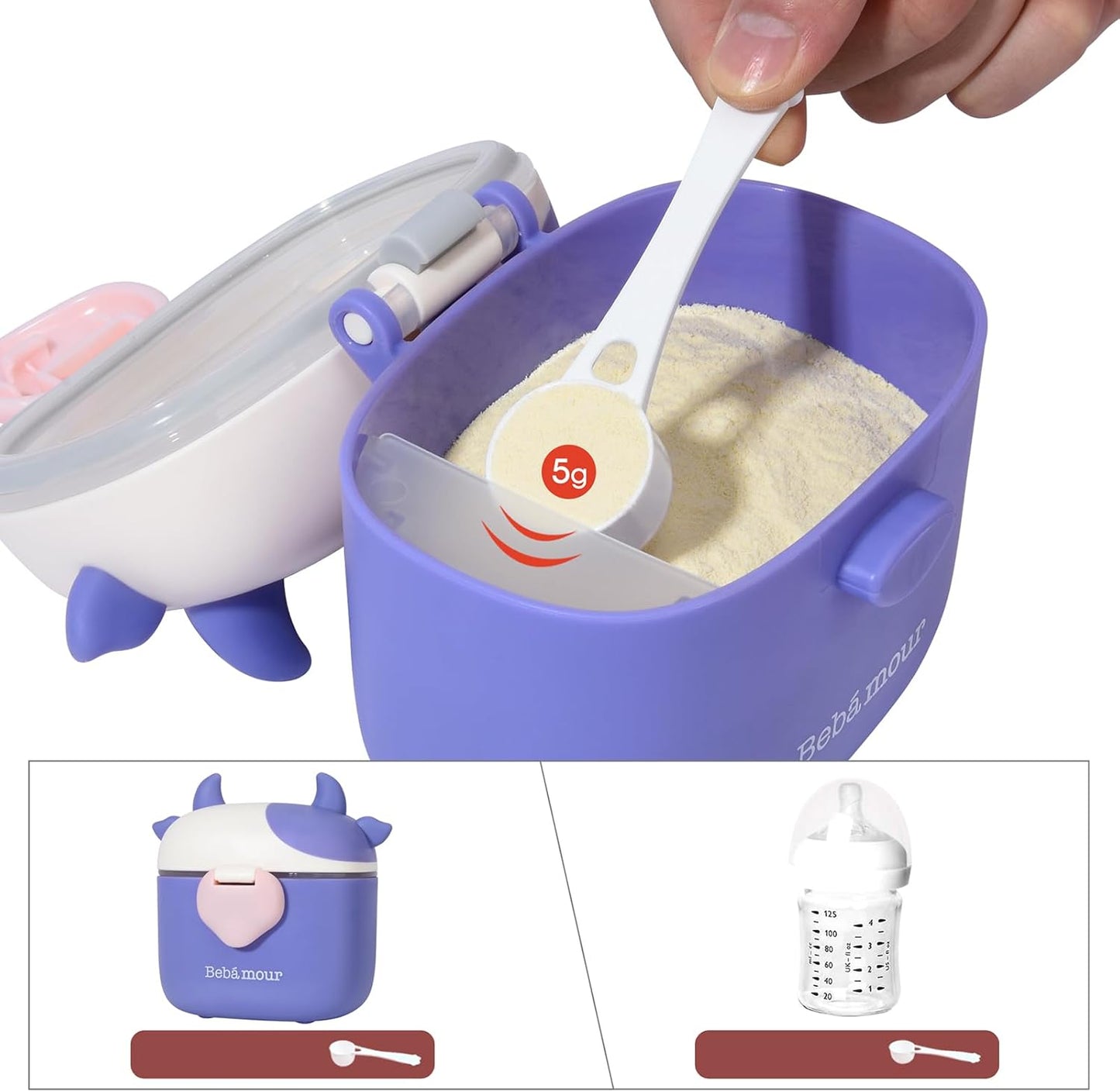 Bebamour Dispensador de leche en polvo para bebés, Dispensador de fórmulas para snacks para bebés, 230 g de leche en polvo, 450 ml, morado