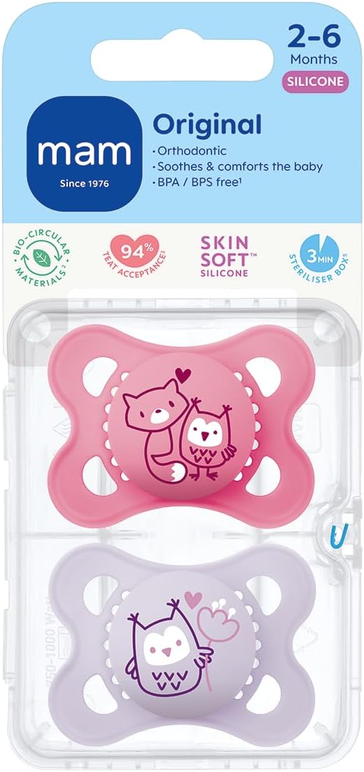 MAM Chupeta original de 2 a 6 meses (pacote com 2), chupeta para bebê feita de material sustentável, tetina de silicone SkinSoft, com estojo para chupeta MAM, rosa/roxo (os designs podem variar)