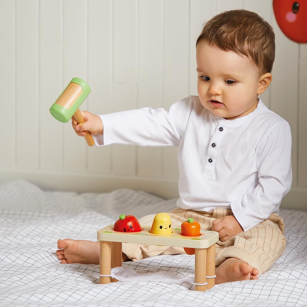 Janod Whack-A-Farm Game-Brinquedo de aprendizagem precoce para crianças-3 vegetais de jardim + 1 martelo-desenvolve habilidades motoras finas-Brinquedo de madeira FSC-12 meses +, J03309, multicolorido