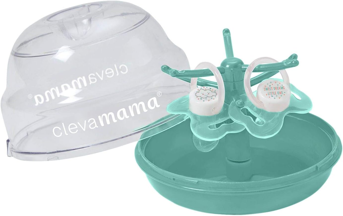 ClevaMama Esterilizador Soother Tree® para micro-ondas (até 6 chupetas), ultra-rápido, com estojo de armazenamento portátil e 2 chupetas para bebês incluídas – Turquesa - 14,6 x 11,9 x 12 cm