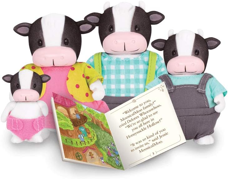 Li’l Woodzeez – MoosicalMoo Cow Family – Conjunto de brinquedos de 5 peças com estatuetas de animais em miniatura e livro de histórias – Brinquedos e acessórios de animais para crianças a partir de 3 anos