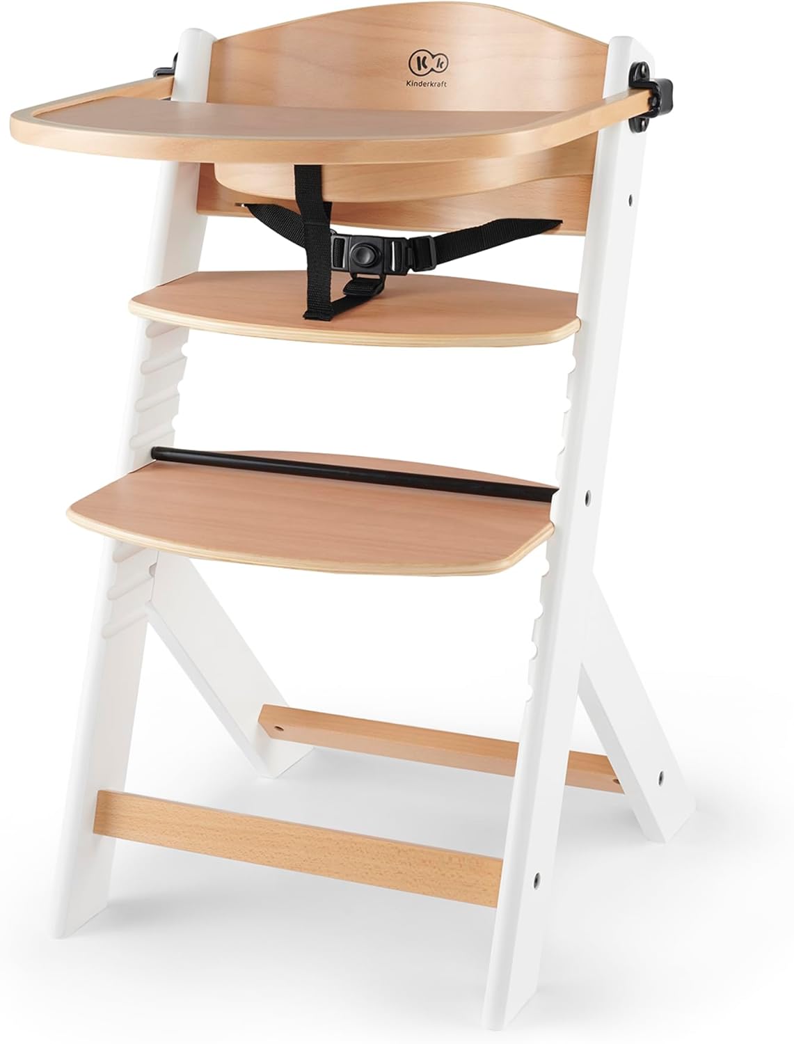 Kinderkraft NECK Trona de Madera 3 en 1, Silla Bebé Multifuncional, Altura Regulable y Reposapiés, Cinturón de Seguridad, con Bandeja Extraíble, para Niños hasta 10 Años, Madera Blanca