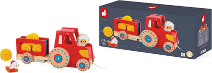 Janod - Trator Pull-Along - Brinquedo de aprendizagem precoce - 1 trator infantil + 6 acessórios - Rodas silenciosas - Desenvolve habilidades motoras - Brinquedo de madeira FSC - 12 meses +