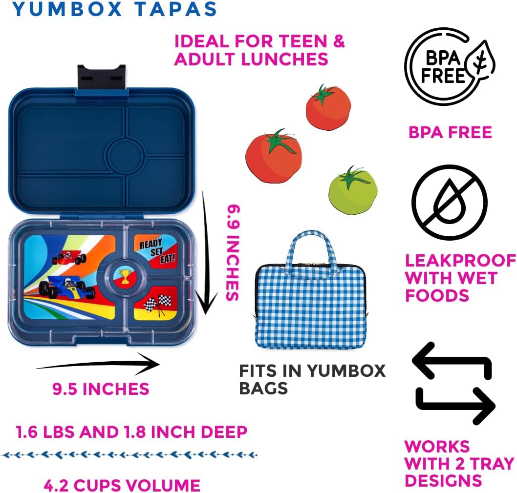 yumbox  Tapas tamanho maior - lancheira Bento à prova de vazamentos de 4 compartimentos para pré-adolescentes, adolescentes e adultos (roxo Sevilha com bandeja arco-íris)