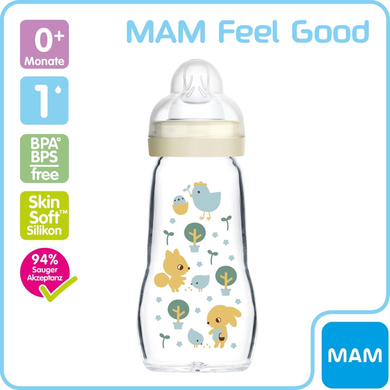 MAM Pacote de mamadeiras de vidro Feel Good com 2 (170 ml e 260 ml), com tetina 1 fluxo lento para recém-nascidos, unissex