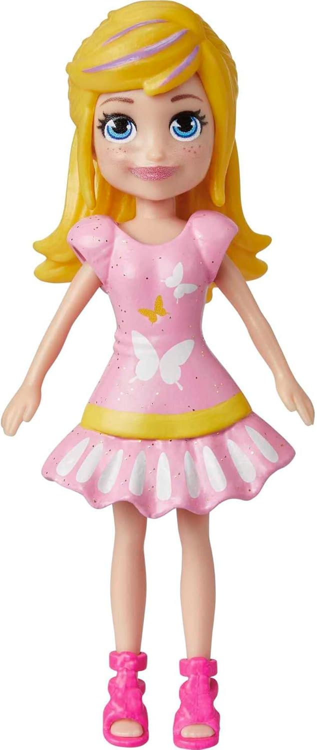 Polly Pocket Brinquedo de viagem com boneca de 3 polegadas e 18 acessórios, pacote de moda com tema de cachorrinhos e flores