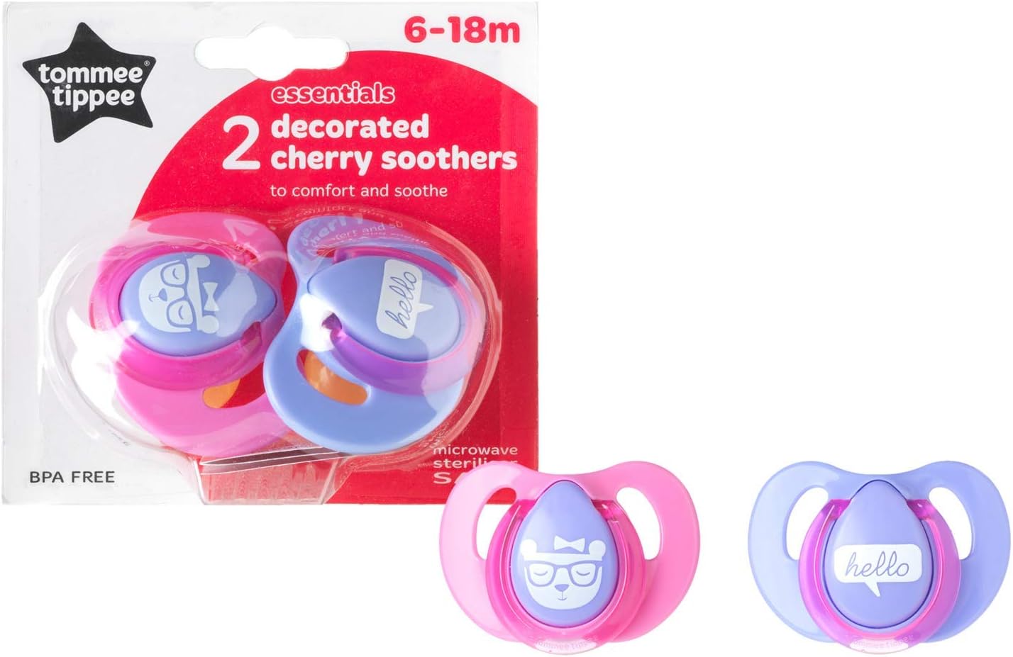 Tommee Tippee Chupetas de cereja decoradas Essentials 6-18 m, 2 cada, esterilizador de micro-ondas seguro BPA aleatório grátis