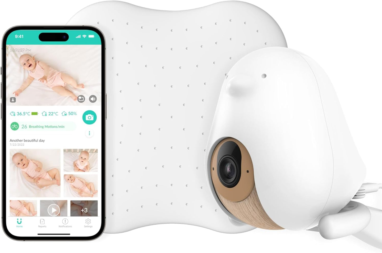 CüboAi Pacote de segurança para dormir - Inclui monitor de bebê inteligente Cubo Ai Plus com visão noturna HD 1080p com conjunto de 3 suportes e almofada de sensor de sono | Alertas de segurança de IA proativa, análise de sono e detecção