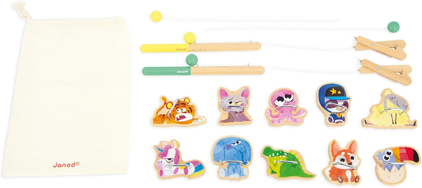 Janod - Juego de Garras Applepop - Juego de Habilidad Infantil - 2 Garras + 10 Animales + 1 Bolsa - Desarrolla Destreza y Concentración - Juguete de Madera FSC - A partir de 3 años,