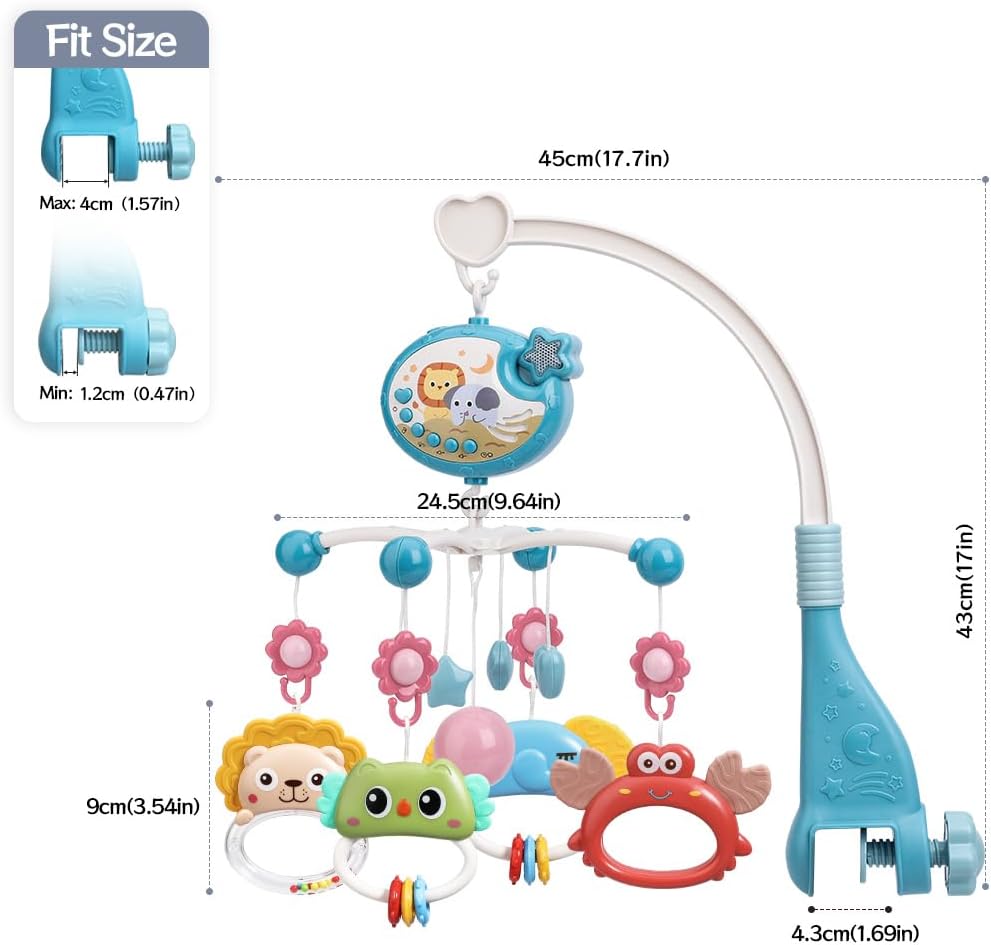 Mini Tudou Baby Musical Crib Mobile com projeção de estrelas e função de temporização, caixa de música com controle remoto com música e luzes noturnas, chocalhos de animais giratórios suspensos para crianças, brinquedo para recém-nascidos de 0 a 24 meses