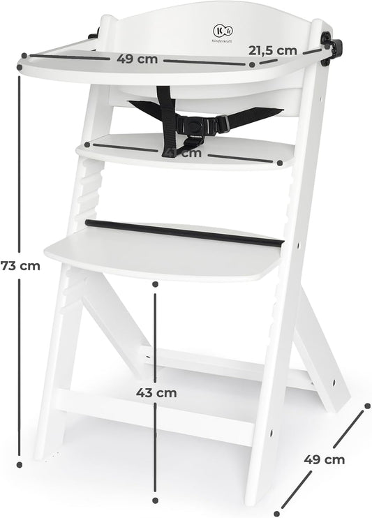 Kinderkraft Cadeira alta de madeira 3 em 1 NECK, cadeira multifuncional para bebé, altura e apoio para os pés ajustáveis, cinto de segurança, com bandeja removível, para crianças até 10 anos, branca