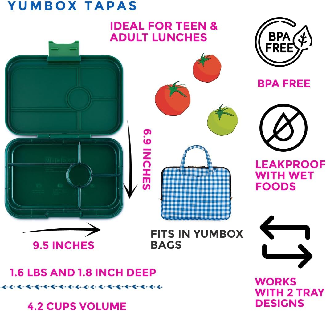 Yumbox  Tapas tamanho maior - lancheira Bento à prova de vazamentos com 5 compartimentos para pré-adolescentes, adolescentes e adultos (Bali Aqua com bandeja Aqua transparente) (BAIII202303A)