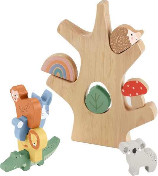 Fisher-Price Árvore de equilíbrio de madeira para brinquedo pré-escolar, 10 peças de madeira para empilhar brincadeiras de desenvolvimento para crianças de 3 anos ou mais,