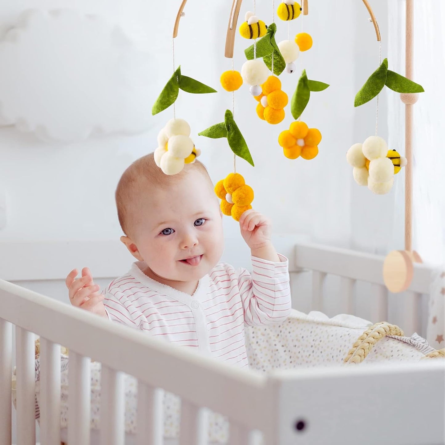 let's make móbile para bebê de madeira com bolas, flores + folhas verdes + carrilhão de vento de abelhas, móbile para meninos e meninas, presente de decoração de casa fresca (abelha)