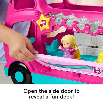 Fisher-Price Brinquedo infantil Little People Barbie Little Dreamcamper RV Playset com luzes musicais e 2 figuras para maiores de 18 meses, versão multilíngue, HYR86