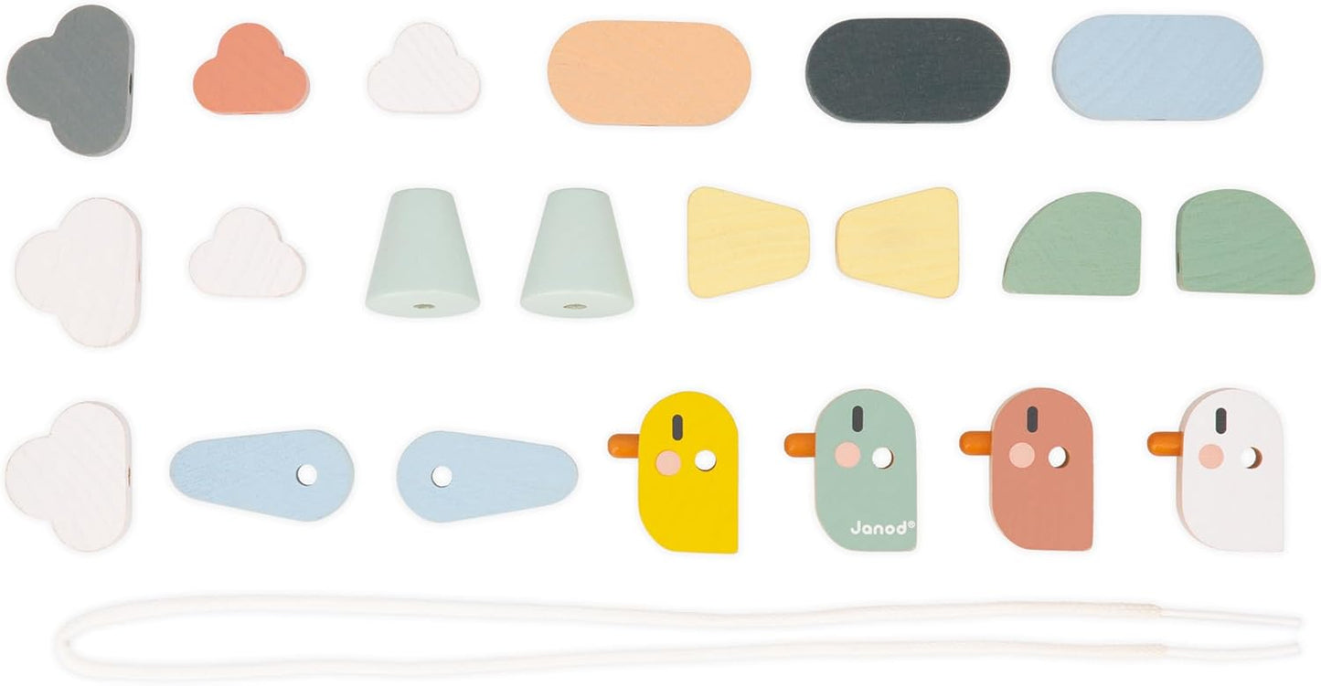 Janod - Sweet Cocoon Threading Beads - 21 Bird, Wing & Cloud Beads - Desenvolve habilidades motoras finas - FSC Wood Toy - Jogo de aprendizagem precoce - 24 meses +,