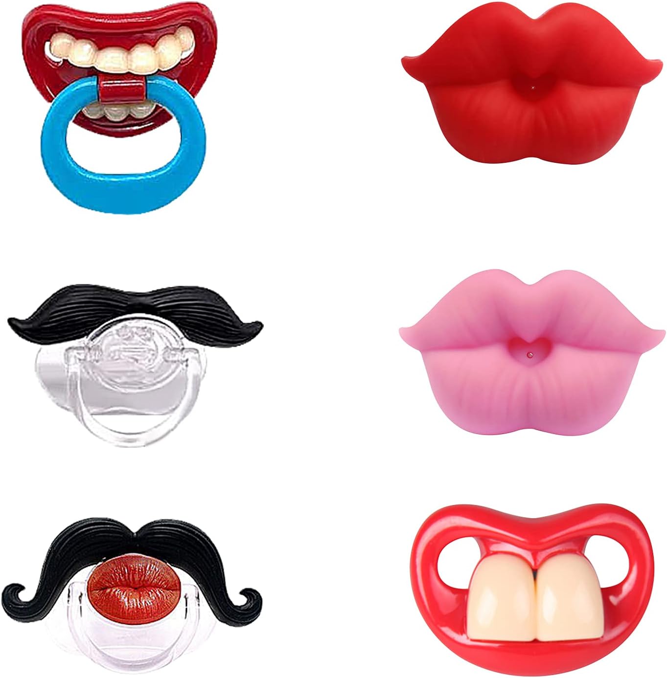 Upriver Chupeta engraçada para bebês com 6 pacotes, chupeta fofa para lábios beijáveis e dentes de bigode de cavalheiro, chupeta de silicone macio para bebês e crianças pequenas, sem BPA