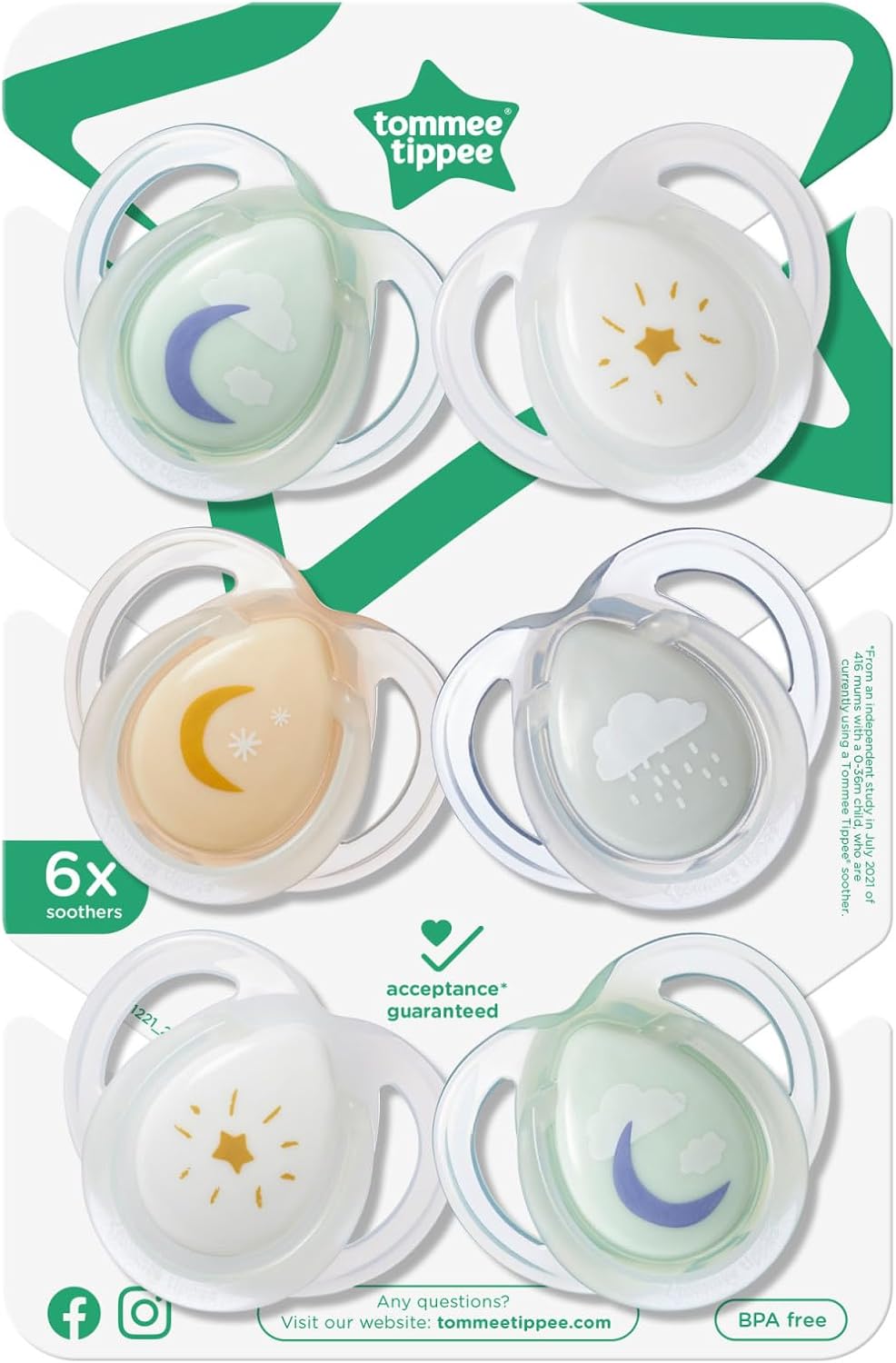 Tommee Tippee Nighttime Dummies, 0-6 meses, 6 pacotes de manequins que brilham no escuro com baglet de silicone simétrico