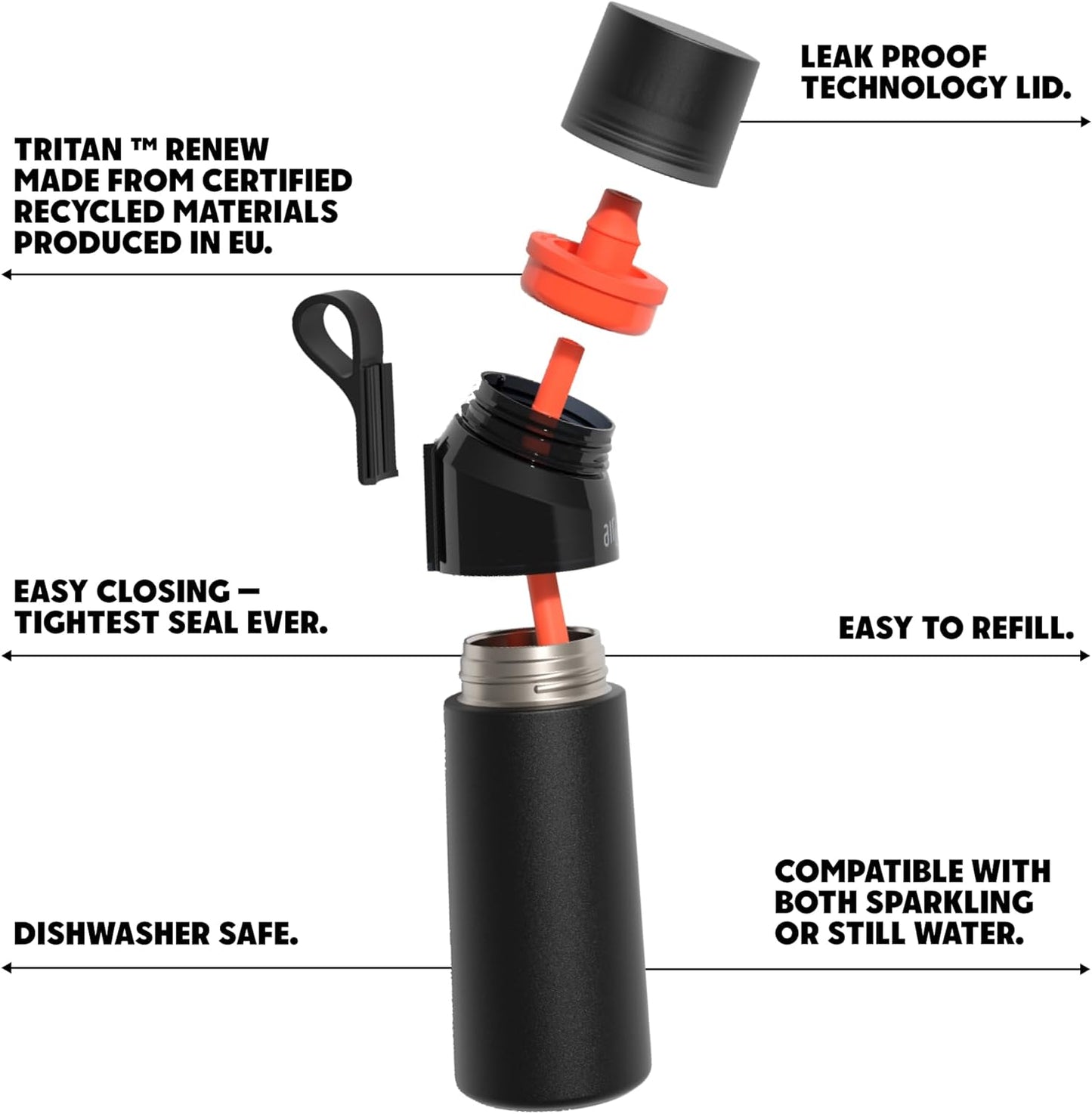 AIR UP Aço Preto | Garrafa de água em aço inoxidável (480ml/17oz) + 5 cápsulas de sabores | Garrafa de água metálica com canudo | Sem açúcar | Próprio para máquina de lavar louça | Metal garrafa de água aromatizada | Garrafa de bebidas