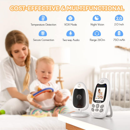 BOIFUN Monitor de vídeo para bebês com câmera, sem WiFi, modo ECO VOX, visão noturna, bateria, áudio bidirecional, 8 canções de ninar, lembrete de alimentação, temperatura inteligente, tela de 2 polegadas para bebês/idosos/animais