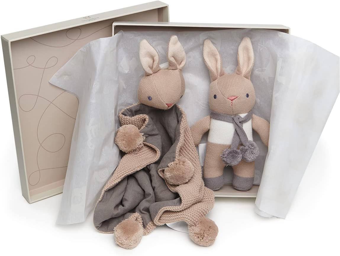 ThreadBear Design Conjunto de presentes Baby Threads Bunny Taupe - edredom e chocalho para bebês de algodão orgânico