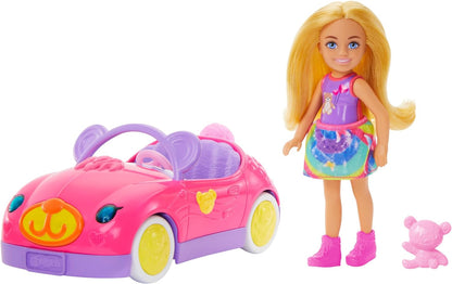 Barbie Conjunto de boneca Chelsea e carrinho de brinquedo com conversível com tema de urso e acessório de urso de pelúcia, boneca pequena loira usa saia removível e sapatos, HXN05