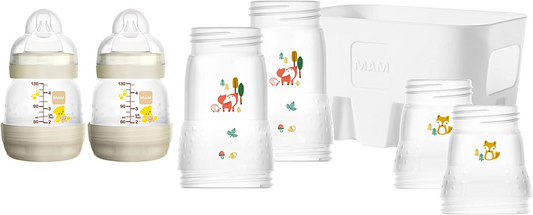 MAM Conjunto mamadeiras anti-cólicas Easy Start, 6 mamadeiras (2 x 130 ml, 160 ml, 260 ml) e cesto de biberões, equipamento para bebé desde o nascimento, motivo natural, urso/raposa