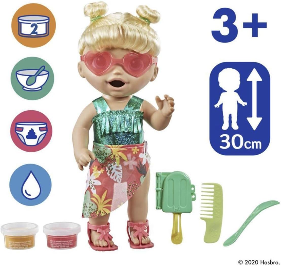 Boneca Baby Alive Sunshine Snacks, come e faz cocô, boneca aquática com tema de verão, molde para picolé, brinquedo para crianças de 3 anos ou mais, cabelo loiro