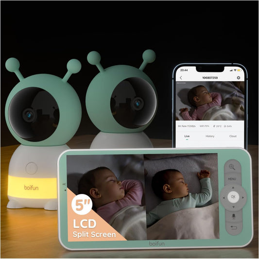 BOIFUN Monitor de bebê WiFi 2K com duas câmeras, aplicativo e controle de tela dividida de 5", detecção de movimento e choro, luz noturna, rastreamento automático, PTZ, sensor de umidade e temperatura, áudio bidirecional, área de