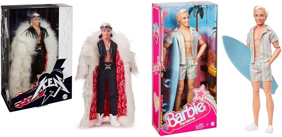 Barbie Boneco Ken colecionável do filme vestindo um grande casaco de pele falsa e colete preto com franjas e bandana, HRF31