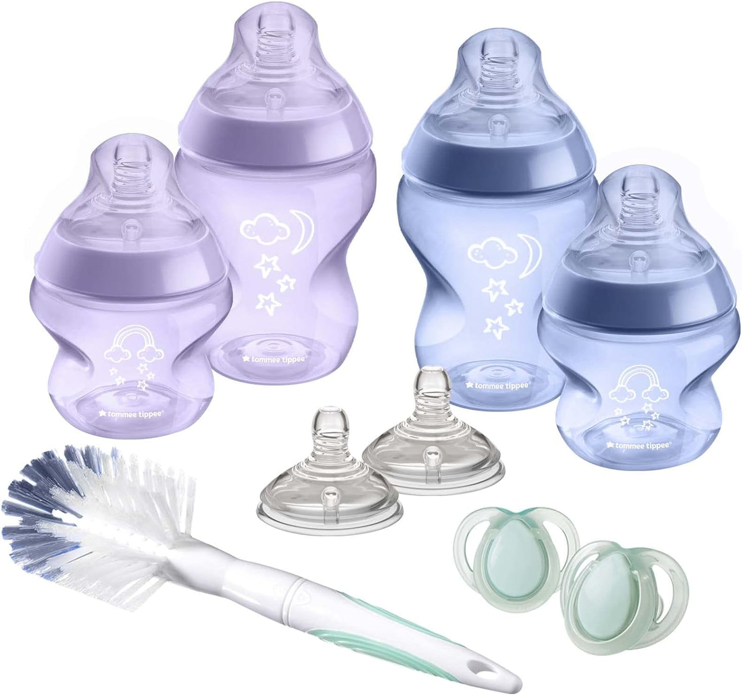 Tommee Tippee Closer to Nature Kit básico de biberón anticólicos para recién nacidos, tetinas similares al pecho para un agarre natural, válvula anticólicos, tamaños mixtos, morado