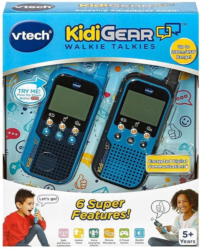 VTech KidiGear Walkie Talkies Explorer, Walkie Talkies externos com conexão digital segura, tocha, efeitos de voz, animações e jogos, brinquedo para crianças de 5, 6, 7 anos ou mais, versão em inglês