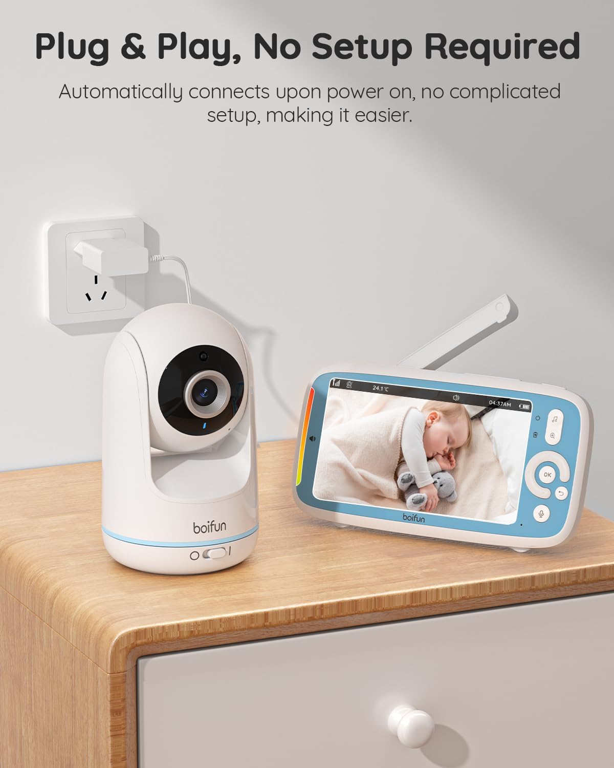 BOIFUN  Monitor de vídeo para bebês com 2 câmeras, tela IPS 720P de 5 polegadas, câmera dupla 360, sem Wifi, bateria de 3050mAh, modo VOX, visão noturna invisível, áudio bidirecional, sensor de temperatura, canções de ninar, idosos, gêmeos