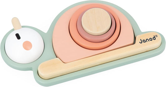 Janod Sweet Cocoon Caracol sensorial apilable, 6 piezas apilables de madera FSC, 4 bloques sensoriales, juego de aprendizaje temprano, 12 meses+, verde/rosa