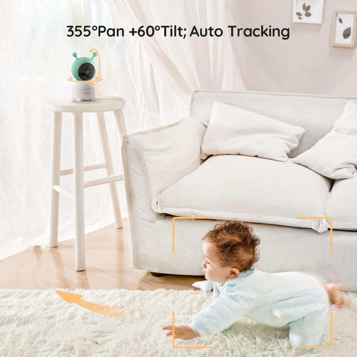 BOIFUN  Monitor de bebê com vídeo Wi-Fi 2K, aplicativo e controle de tela de 5 '', luz noturna, detecção de movimento e choro, PTZ, rastreamento automático, bateria de 3000mAh, sensor de umidade e temperatura, monitor de bebê inteligente com visão noturna