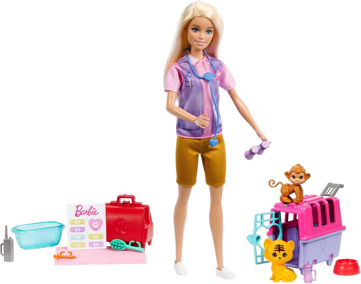 Barbie  Boneca e acessórios Careers, conjunto de resgate e recuperação de animais com boneca loira, bonecos de macaco e tigre, transportadora e muito mais, HRG50