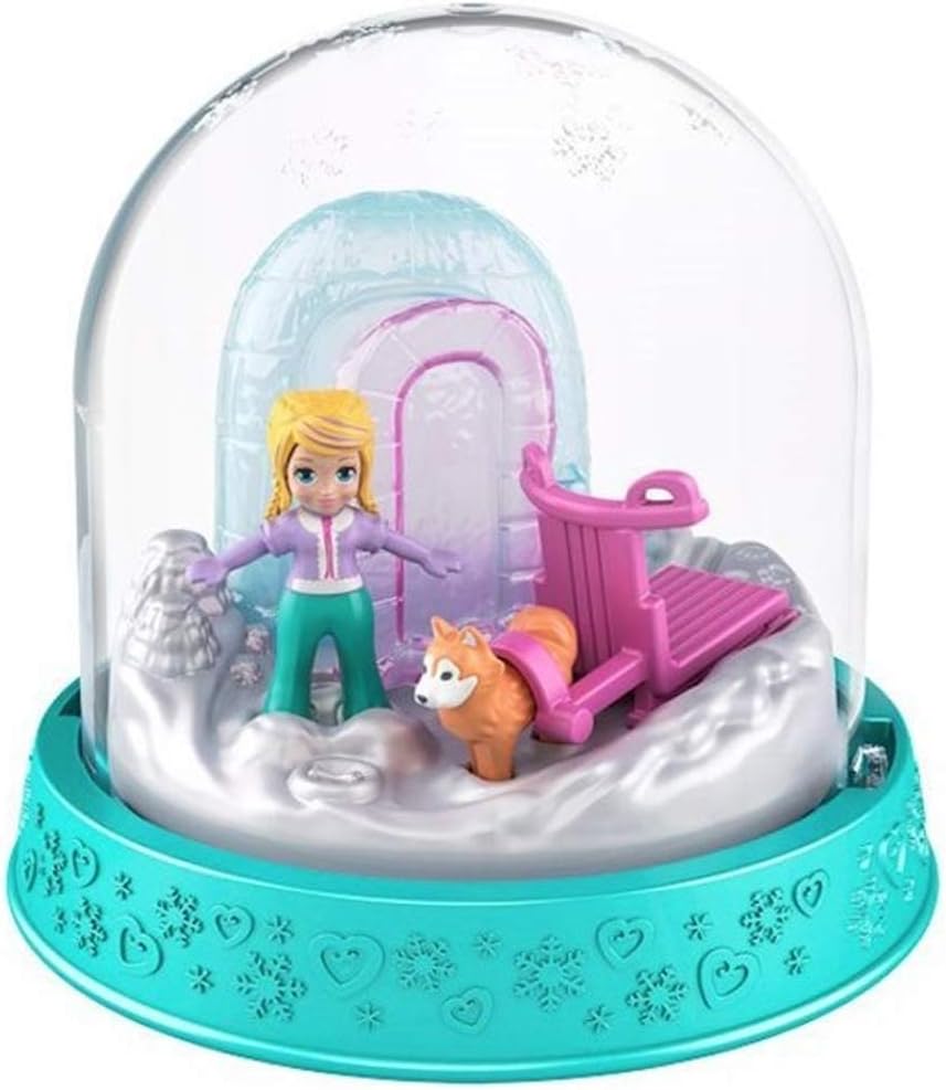 Polly Pocket Winter Fun Snow Globe - Polly vai de trenó puxado por cães até seu iglu