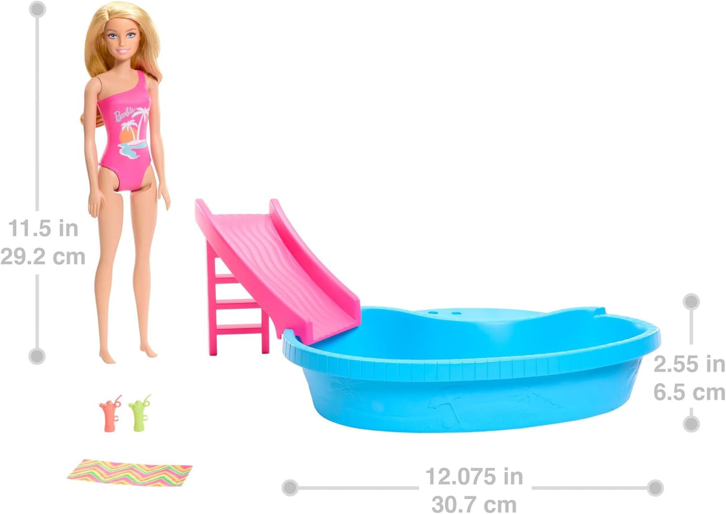 Conjunto de piscina y muñeca Barbie, rubia en traje de baño de una pieza rosa tropical con piscina, tobogán, toalla y accesorios para bebidas, HRJ74