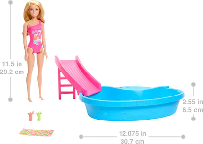 Conjunto de piscina y muñeca Barbie, rubia en traje de baño de una pieza rosa tropical con piscina, tobogán, toalla y accesorios para bebidas, HRJ74