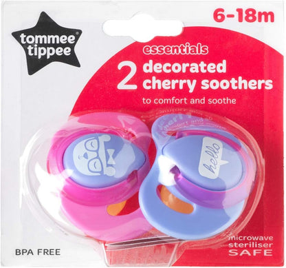 Tommee Tippee Chupetas de cereja decoradas Essentials 6-18 m, 2 cada, esterilizador de micro-ondas seguro BPA aleatório grátis