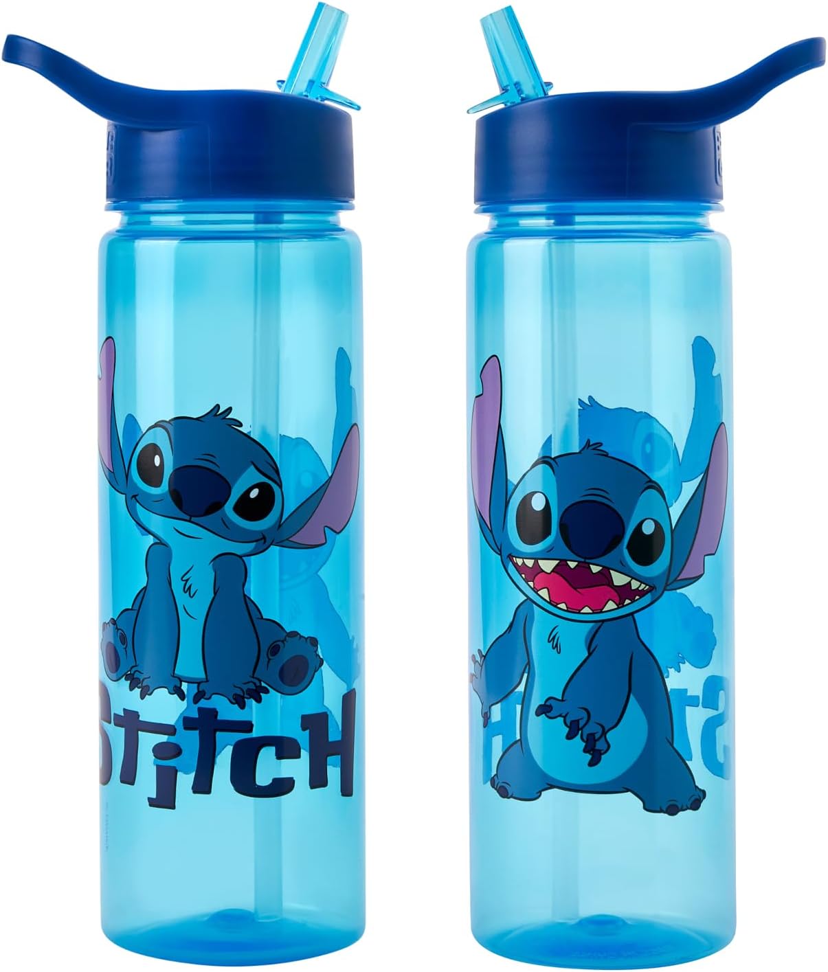 Botella de agua Disney Stitch con pajita abatible de 600 ml - Productos oficiales Polar Gear - Reutilizable para niños, antiderrames, sin BPA, plástico reciclable, ideal para la escuela, guardería, deportes, picnic, azul