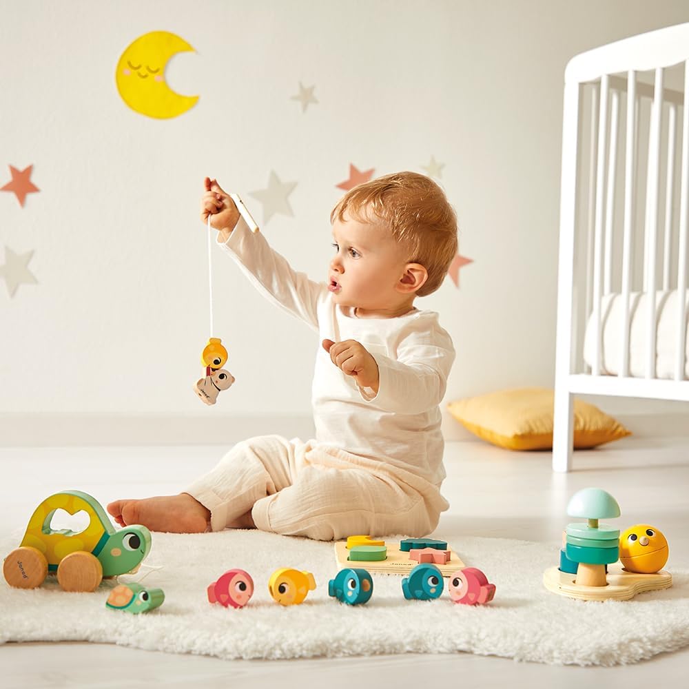 Janod - Caixa de jogos para bebês - Brinquedo para maiores de 18 meses, brinquedos de aprendizagem precoce e quebra-cabeça de madeira - Jogos de habilidades motoras infantis - Brinquedos de atividade e desenvolvimento psicomotor - 18 meses +, J04064