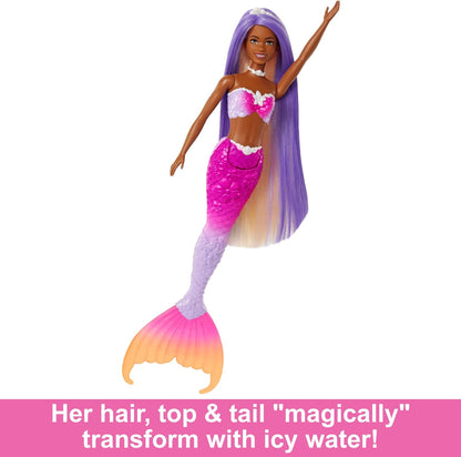 Barbie  Mermaid Doll, “Malibu” with Pink Hair, Styling Accessories, Pet Dolphin and Water-Activated Color Change Feature, HRP97