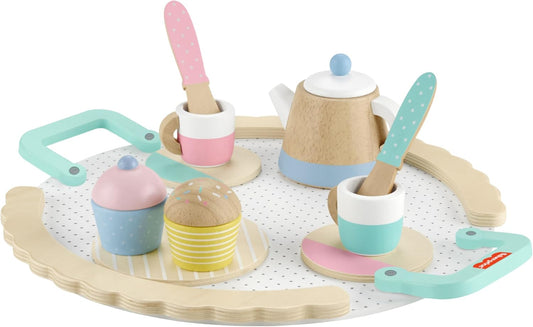 Fisher-Price Preschool Toy Wooden Tea Set with Teapot, Cups & Saucers, 12 Wood Pieces for Pretend Play Kids Ages 3+